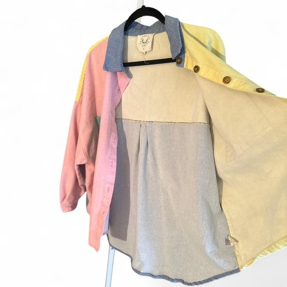 Fantastic Fawn Unique Colorblock Denim Shirt Oversized Pastel Patchwork sz M - Picture 6 of 8